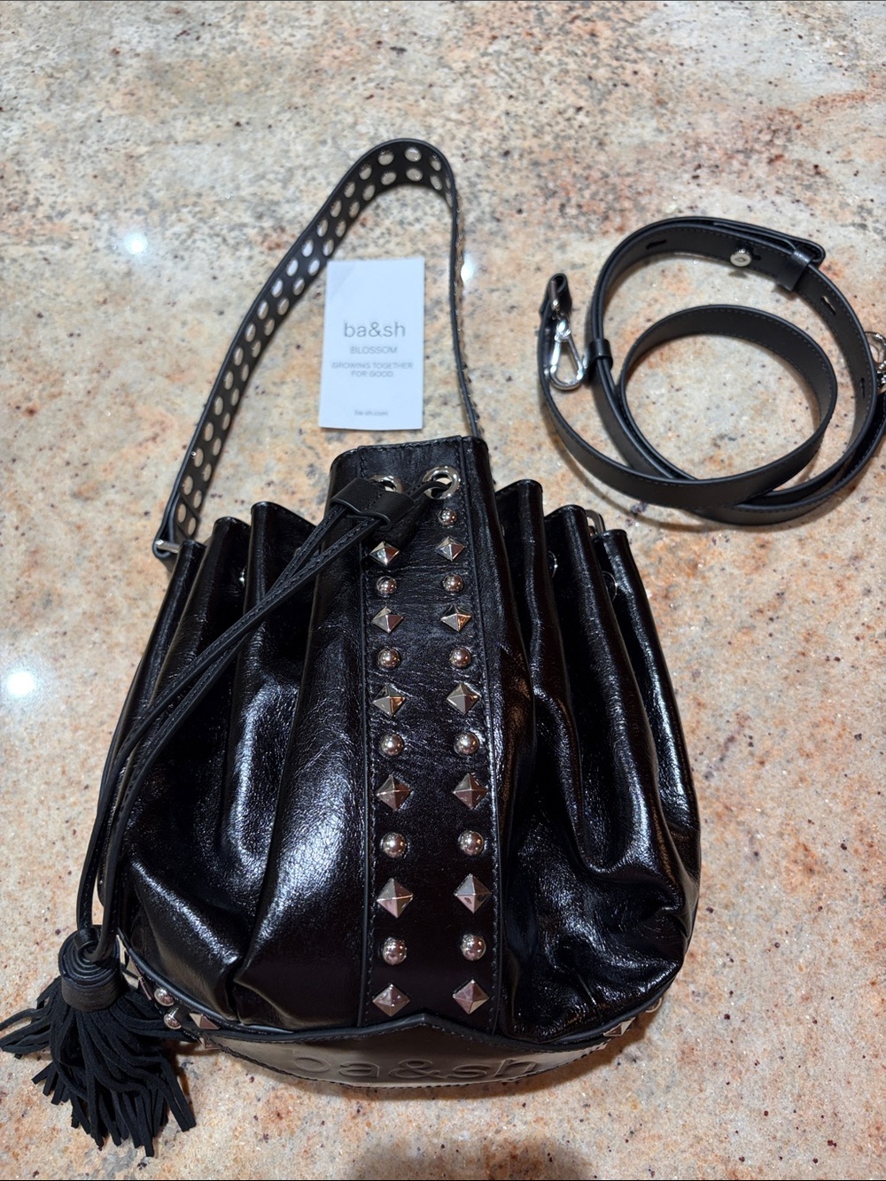 ba&sh Black Studded Leather Drawstring Bucket Bag